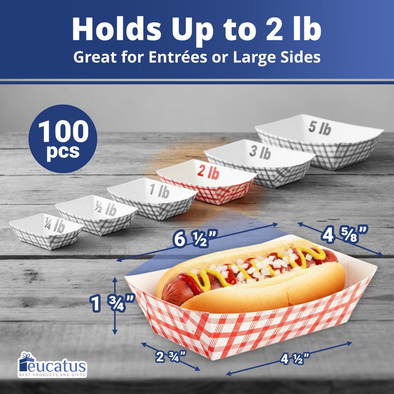 Eucatus Grease-Proof Sturdy Food Trays 2 lb Capacity 100 Pack by Eucatus. Serve Hot or Cold Snacks in These Classic Carnival Style Checkered Paper Baskets. Perfect for Concession Stand or Circus Party Fare! - Image 2